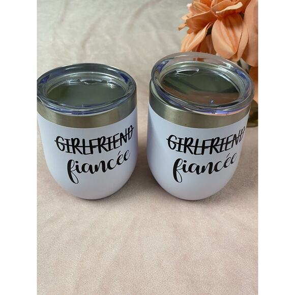LOT 2 NWOT Tumblers with lids Fiancee...Girlfriend INSULATED CUPS 4.5"X2.5" - Picture 1 of 4
